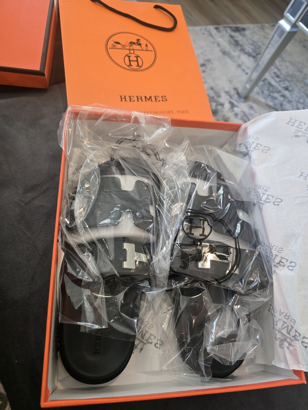 Hermes Women Black Oran Slider Sandals